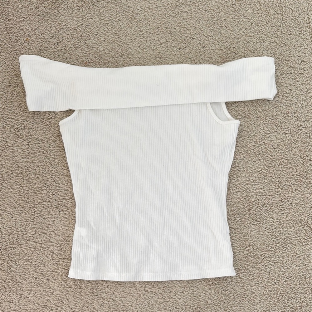 White Off-Shoulder Ribbed Top - Picture 3 of 4